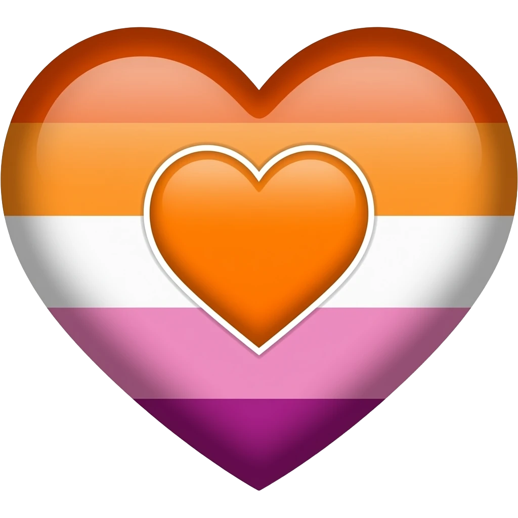 Lesbian flag heart dark orange, orange, light orange, white, pink, dusty pink, and dark rose emoji