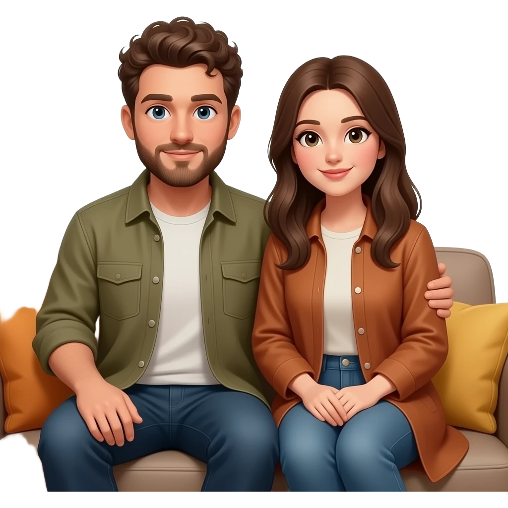 Realistic white man brown super short curly hair with beard being cozy with realistic white woman brown long straight hair on couch autumn emoji