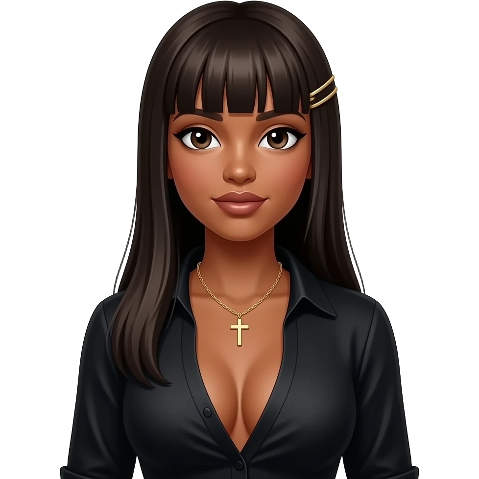 De pele parda,cabelo longo e lisos franja vegana divida e o outro lado prendida com um broche,gargantilha e um colar de cruz,uma blusa preta e sexy e seios grandes emoji