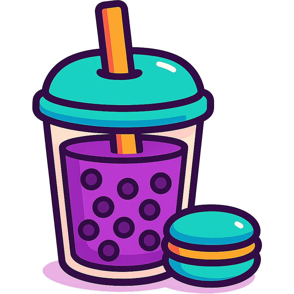a cup of purple boba tea with a macaron on the side, vibrant and cute, clear details emoji