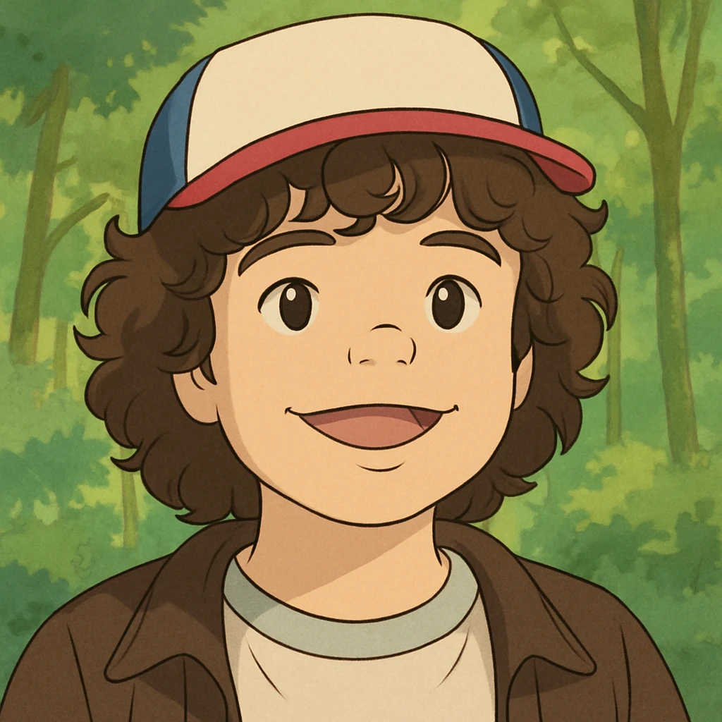 Recreate Dustin inspired by the reference photo, with a simple and delicate line style, colored in pastel tones, with thick and dark contours, in Ghibli style, 1:1 format, forest background. emoji