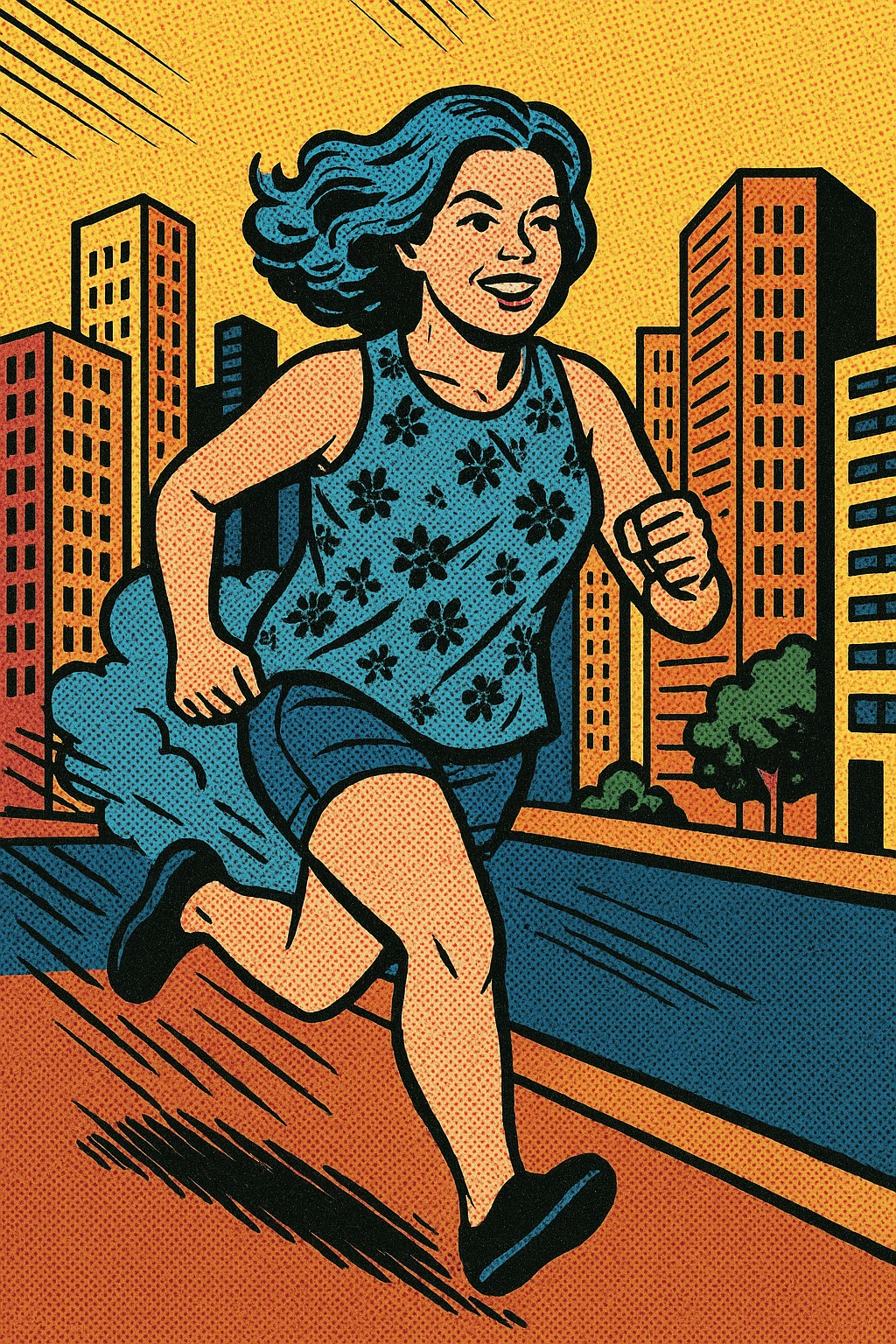 Woman with blue hair running in a city emoji