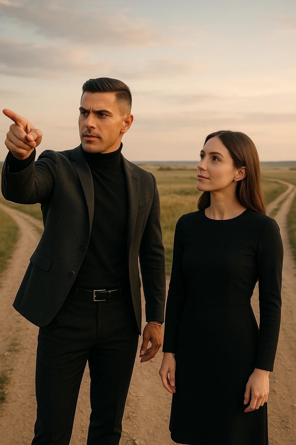 Editorial photo of a confident man standing at a crossroads, pointing decisively toward a clear path ahead. Beside him, a woman looks at him with trust and readiness to follow. Both are well-dressed, the setting is an open landscape with soft, natural light. The mood is one of leadership, guidance, and partnership. emoji