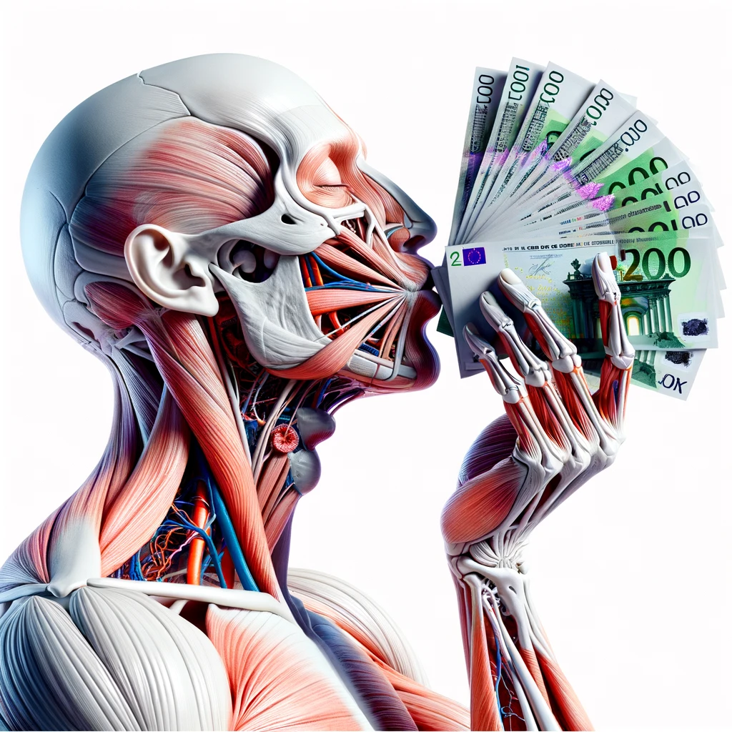corpo umano anatomico che bacia una mazzetta di banconote, iperrealistica 4k, isolato su sfondo bianco emoji