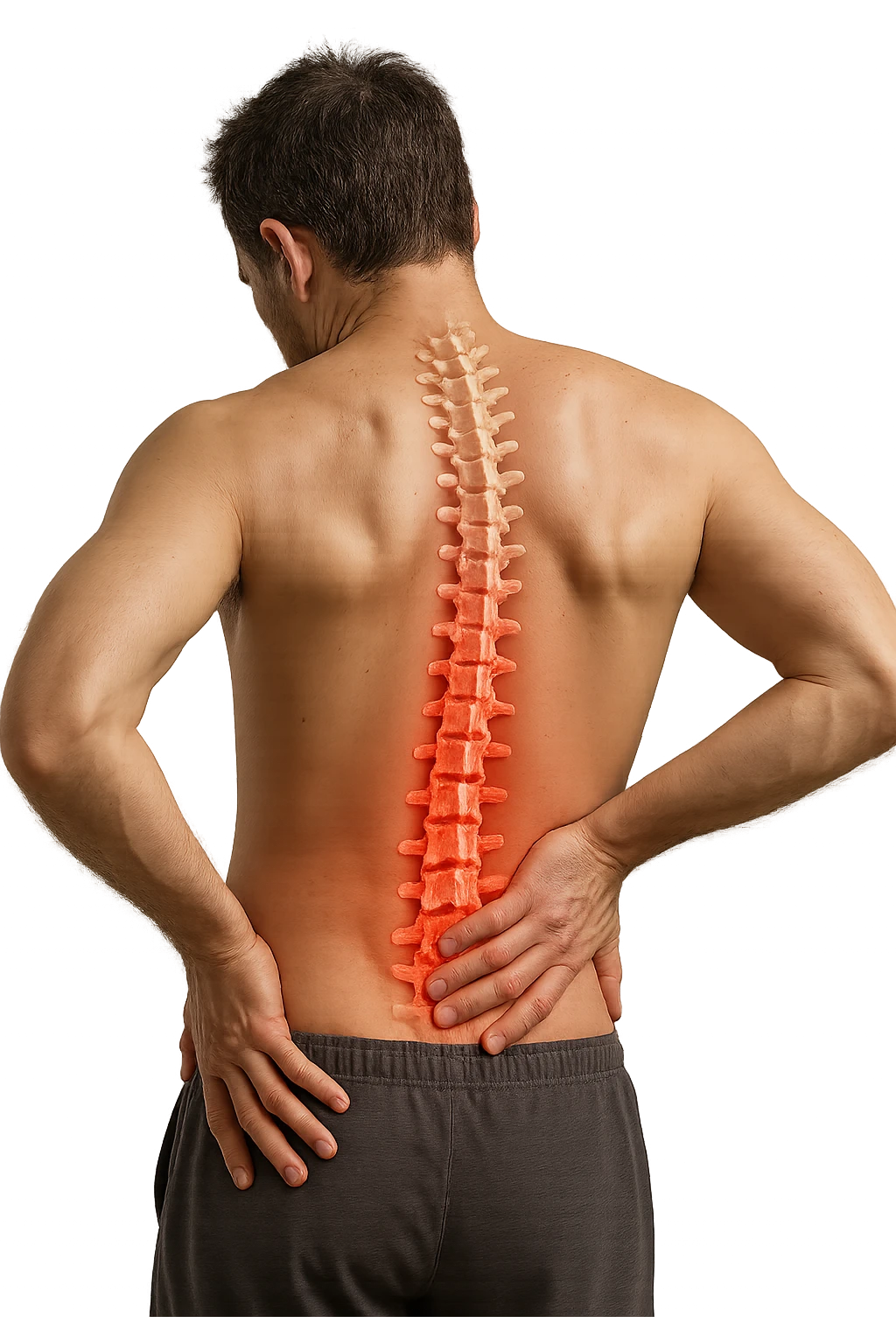 uomo con spina dorsale anatomica visibile che si massaggia la schiena perché gli fa male, iperrealistico 4k emoji