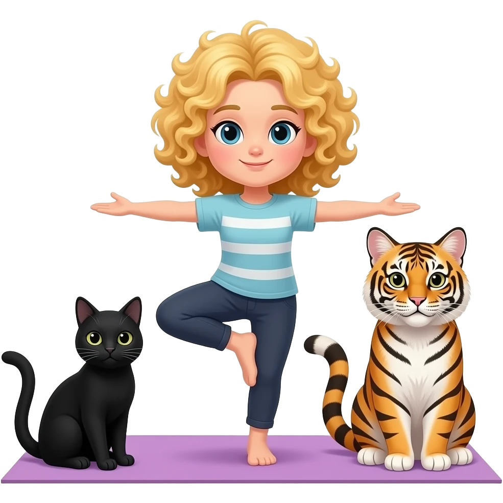 blonde curly haired yoga with black cat + fluffy tiger cat emoji