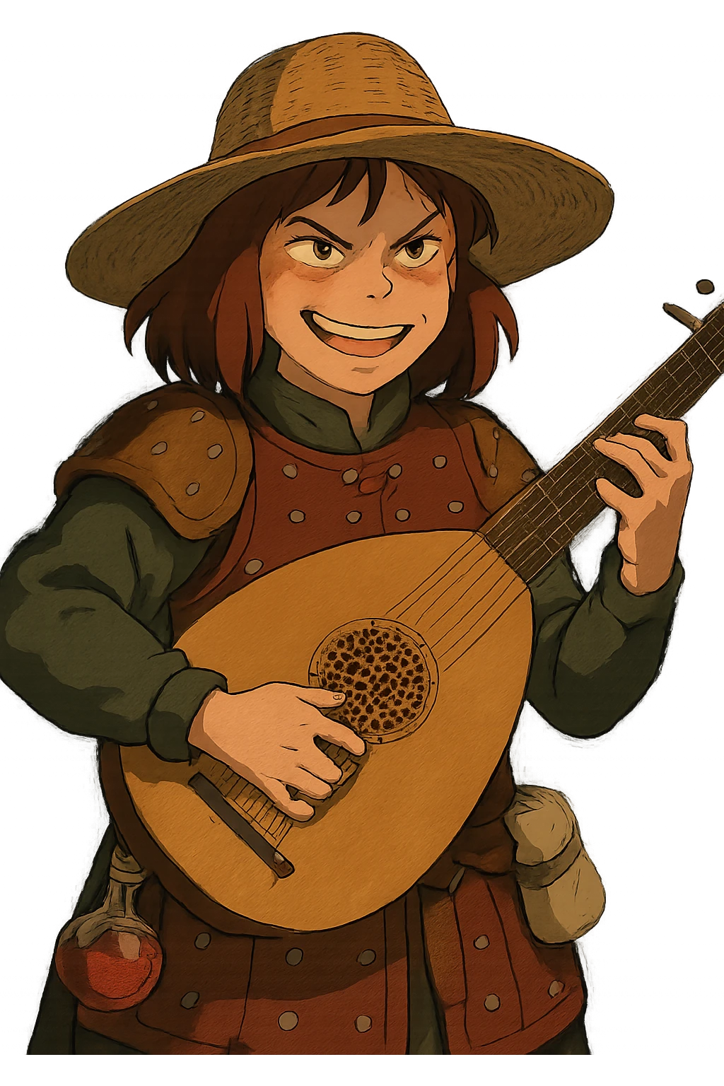 A female bard wearing brigandine armor with a sturdy straw hat, playing a fat medieval lute and singing, night time shadows, tool belt with red potion and bandages, portrait , mischievous grin, anger emoji
