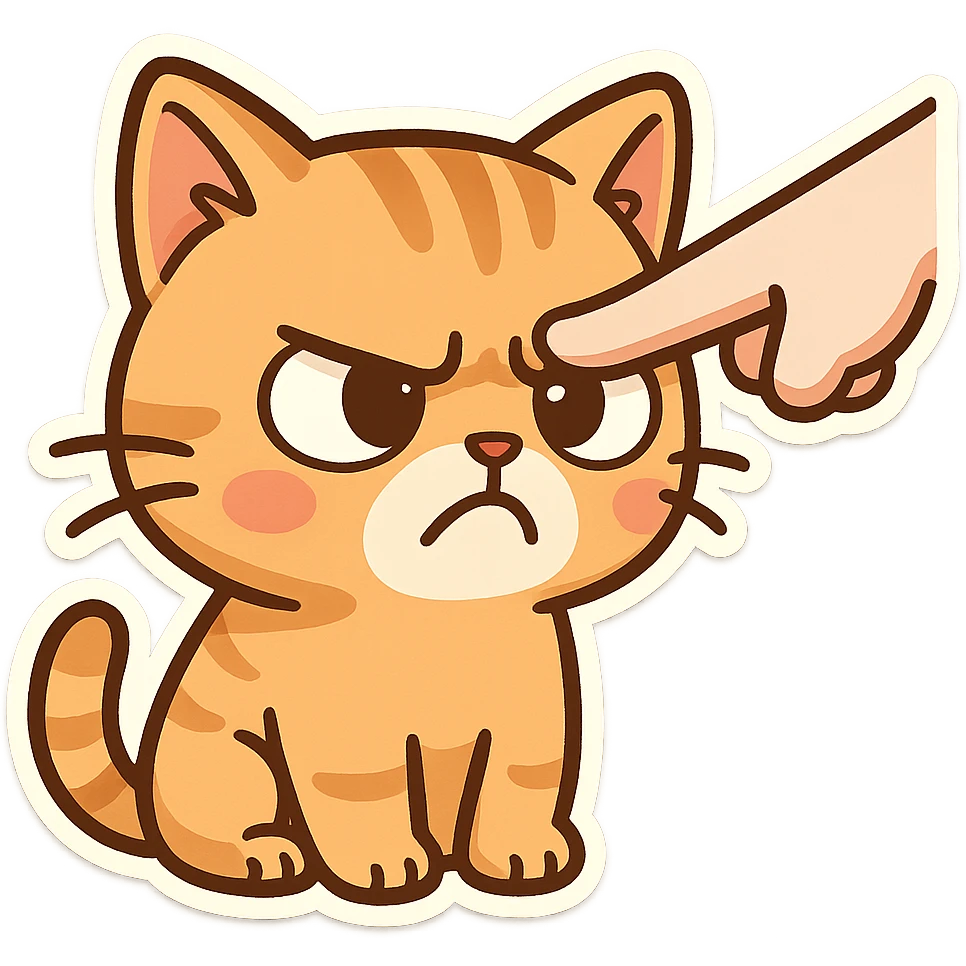 A finger points at the cat's head, and the cat's expression is angry and dissatisfied emoji