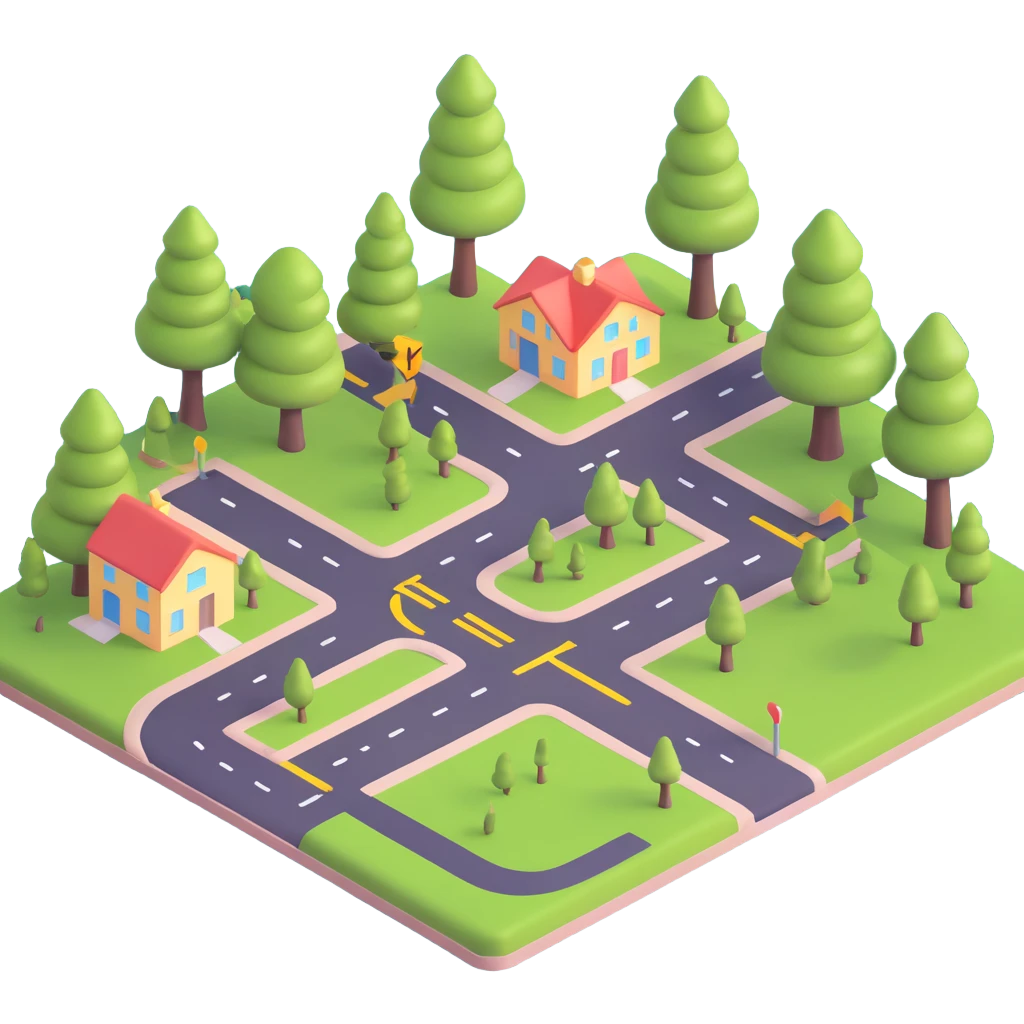 English learning material: 3D emoji style illustration of common places in town, labeled, with a road and trees emoji