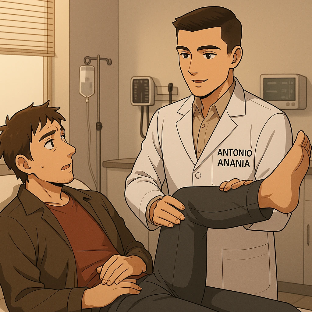 fai un webtoon manga a colori con questo stile, in cui un uomo è steso sul lettino medico e il kinesiologo con il camice bianco (fagli anche la scritta "ANTONIO ANANIA" SUL CAMICE, gli solleva una gamba per fargli il test neuromuscolare, IL KINESIOLOGO SPIEGA ALL'UOMO UNA cosa mentre gli alza la gamba. non fare i fumetti però, fai solo in modo che sembri stiano parlando emoji