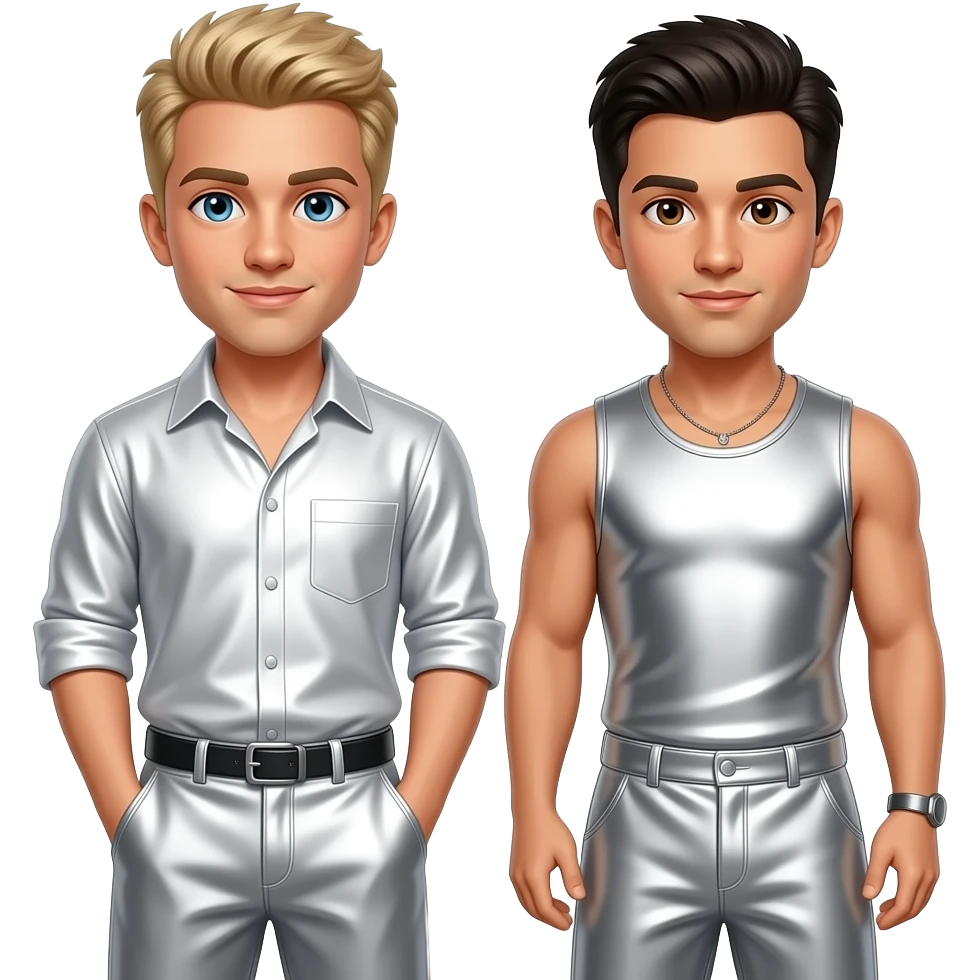 Backstreet Boys with Nick with blue eyes, blonde hair, white metallic shirt and baggy pants, AJ with brown eyes, black hair, white metallic sleeveless shirt and baggy pants emoji