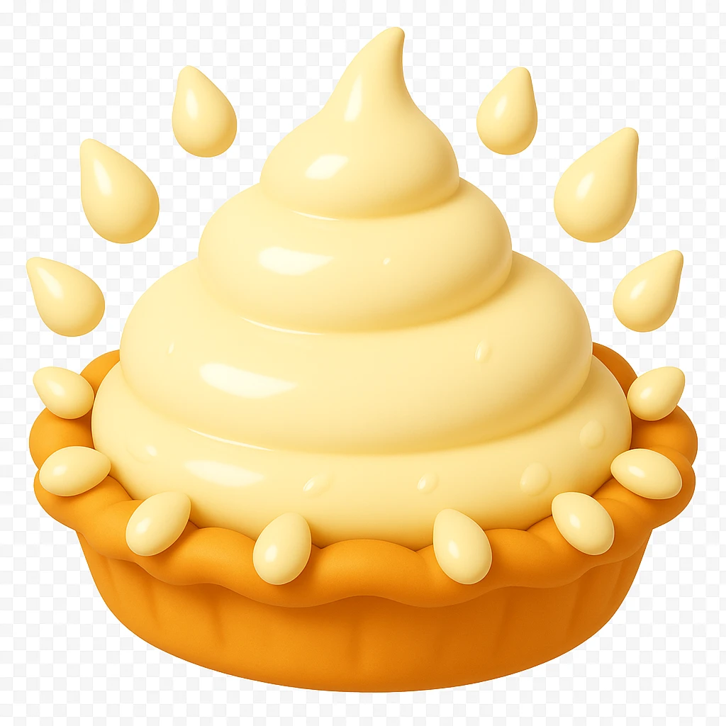 Frame 11 of 15: Cream pie with ten cream droplets, playful 3D emoji style, golden brown crust, same angle as reference emoji