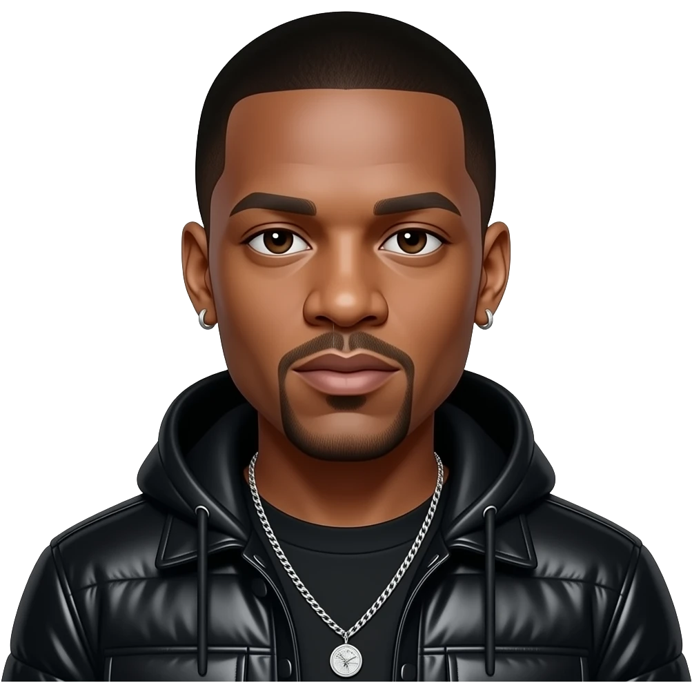 Jay-Z with dark brown eyes, black buzz cut hair, black metallic hip-hop outfit, necklace and earrings emoji