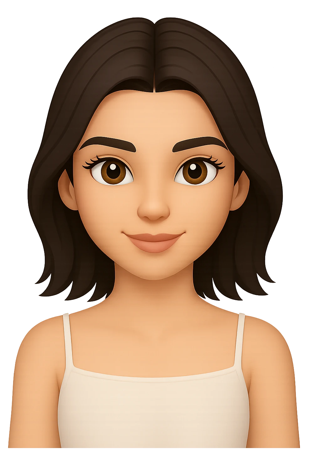 Edit the female face with short dark hair, center part, brown eyes in Apple emoji style with a 3D look and soft shading. Create a gentle smile expression. Transparent background. emoji