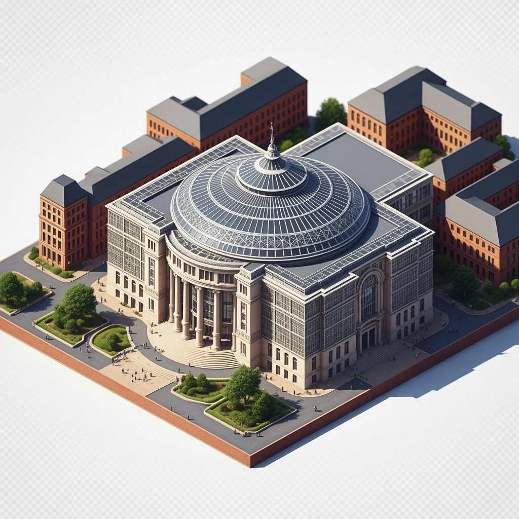 Isometric photorealistic illustration of Birmingham library highly detailed in semi-realistic, 3D miniature effect, transparent background. emoji