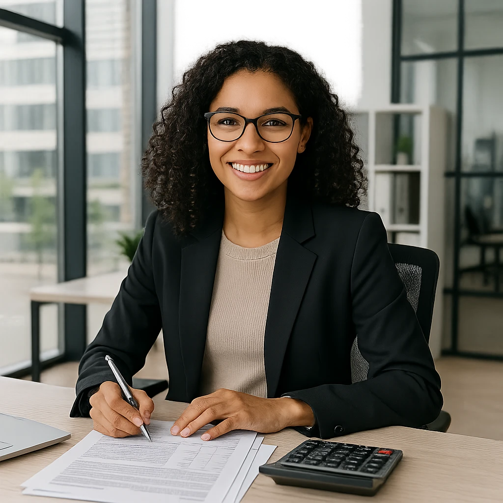 modern accountant, smiling, sitting at a desk with paperwork, modern office setting emoji