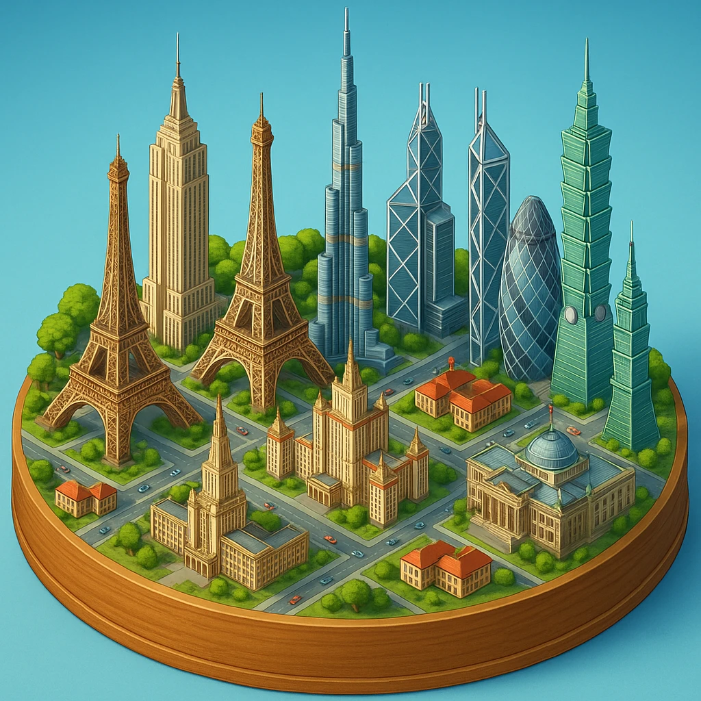 Оставь основу картинки - деревянную подставку, но при этом сгенерируй изометричная, яркая, детализированная и фотореалистичная иллюстрация где будет самые узнаваемые здания мира Эмпайр Стейт Билдинг, Эйфелева башня, здание МГУ, Бурдж-Халифа, Башни Петронас, Небоскрёб Фостера в Лондоне, Рейхстаг, Тайбэй emoji
