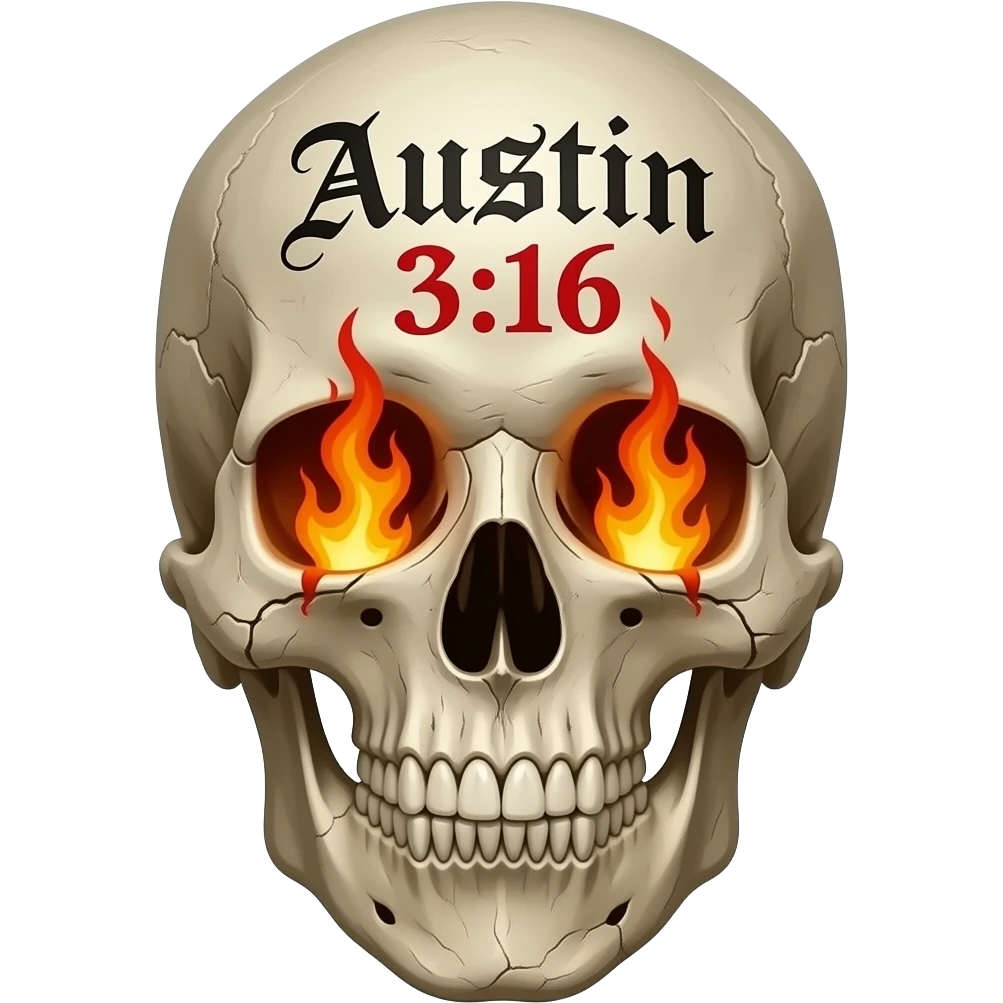 human skull with jaw, aged, dried, the words Austin 3:16 in black ink, eye socket, and nose cavity need flames, words carved into its forehead in a Gothic font, show cracks, weathering, pieces missing, true flames come out of sockets, lettering to be bright red and stacked emoji