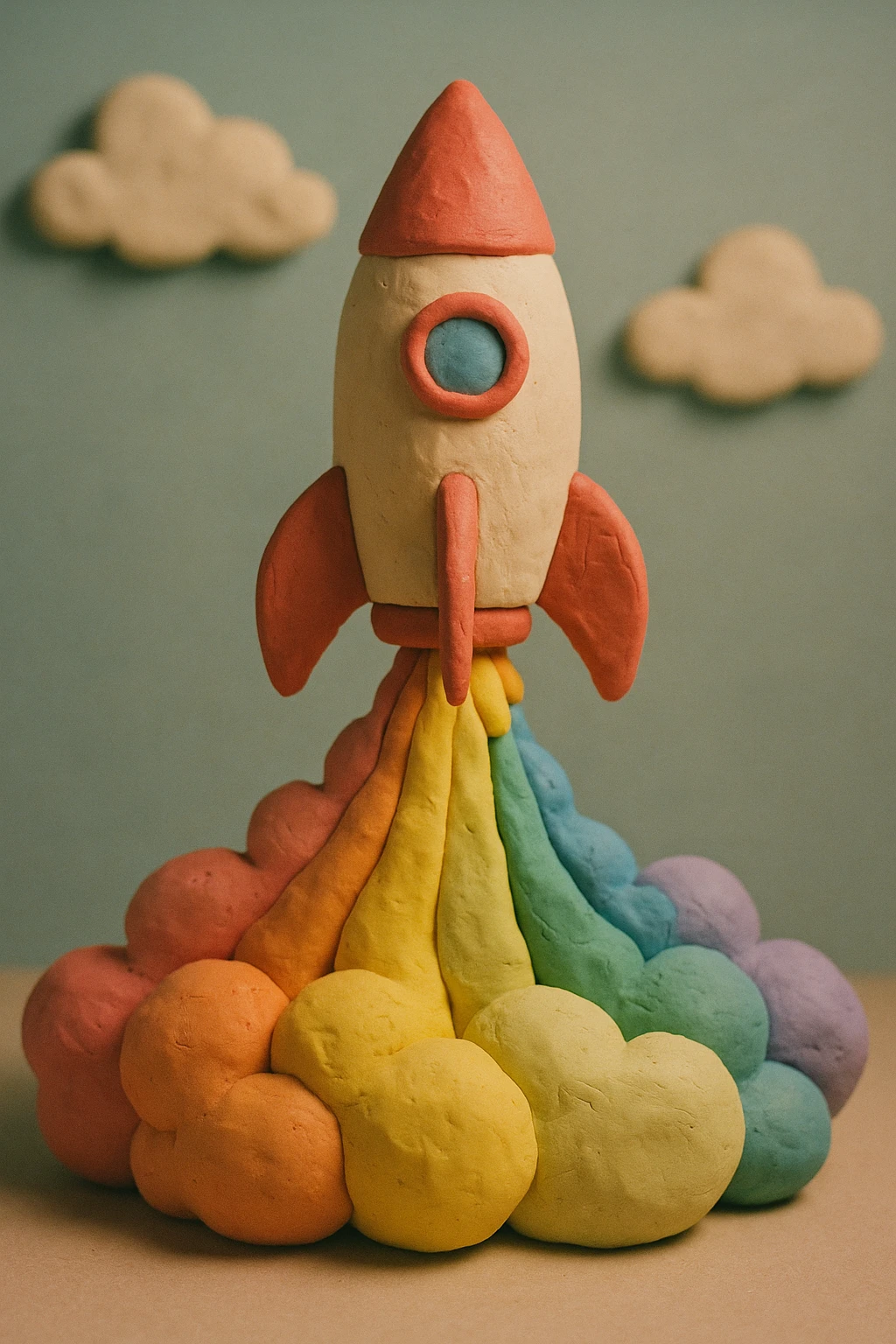 rocket ship blasting off with colorful smoke, matte finish, pastel colors, visible fingerprints, claymation style, classic red and white rocket, rainbow smoke emoji