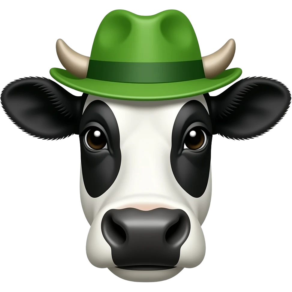 black and white cow with half body face close up front view wear a gren hat emoji