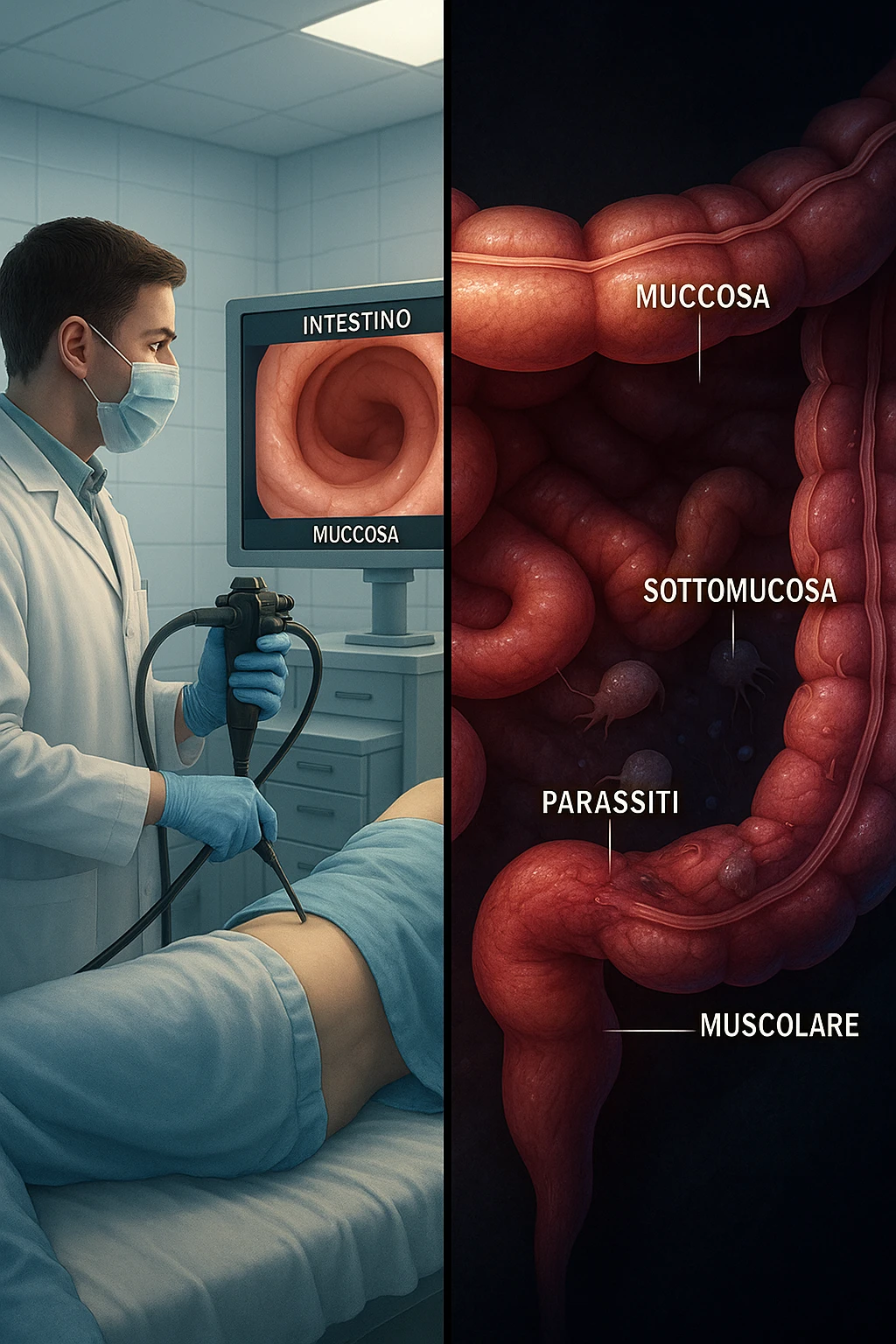 A split-screen medical illustration in cinematic style: on the left side, a doctor performing a colonoscopy on a patient in a sterile clinic, with the endoscopic camera displaying clean, healthy mucosal surfaces on a screen. On the right side, a symbolic cross-section of the same intestine — but shown in deeper layers beneath the surface, where parasitic organisms (small, translucent or shadowy figures) hide between folds and tissues not visible via standard scope. The contrast is clear: what is seen vs. what remains hidden. Lighting on the left is bright, sterile, clinical; lighting on the right is darker, with red and blue tones to suggest inflammation and invasion. Shot in hyper-realistic 3D medical style, educational but emotionally charged IN ITALIANO emoji