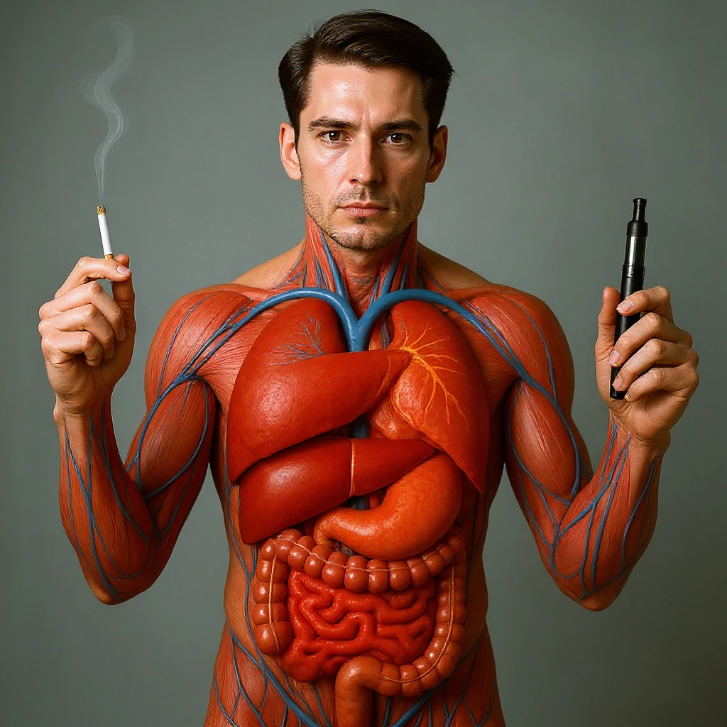 Hyperrealistic 4K vertical 9:16 medical illustration, realistic human anatomical body, inflamed liver and intestines highlighted, man holding a lit cigarette in the right hand and an electronic cigarette in the left, style identical to the reference image. emoji