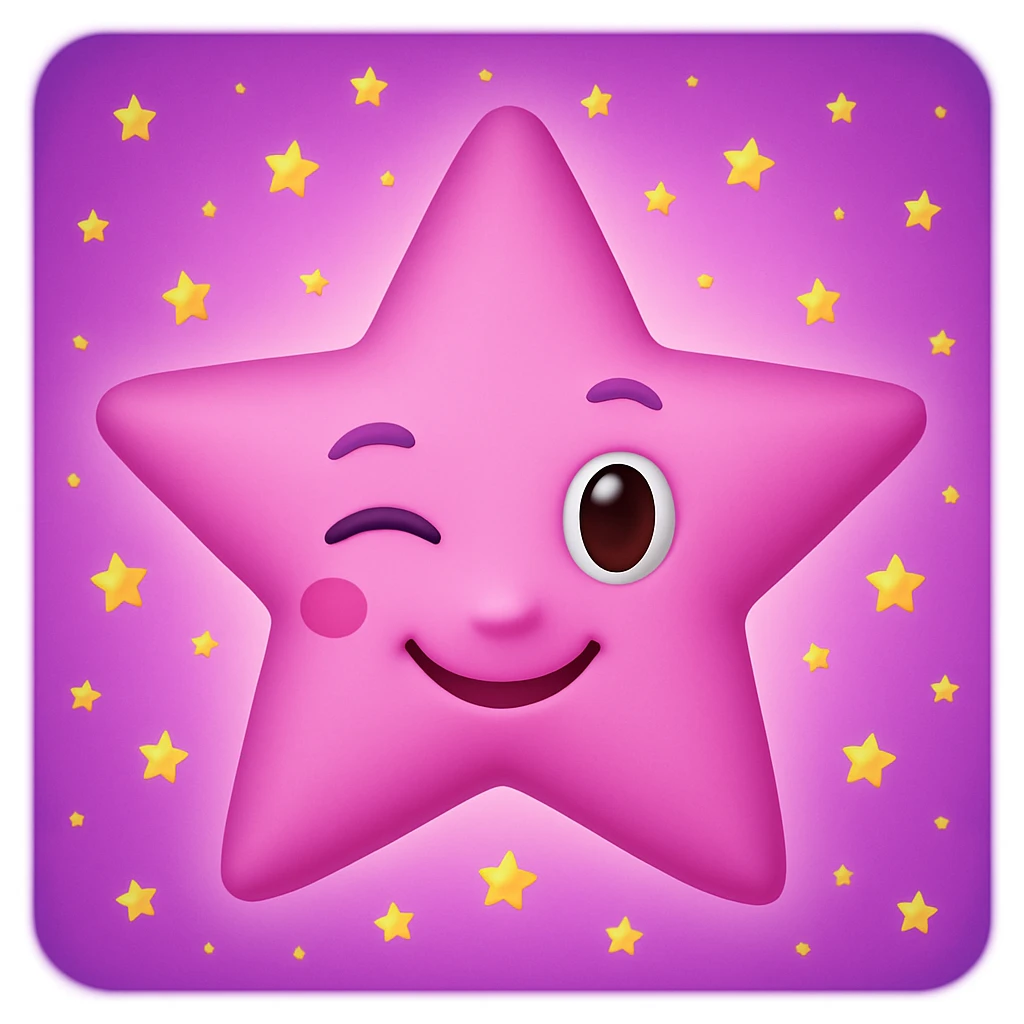 Make the pink star look even cuter with a winking face. Remove any faces from the yellow stars. Keep the purple background as is. emoji