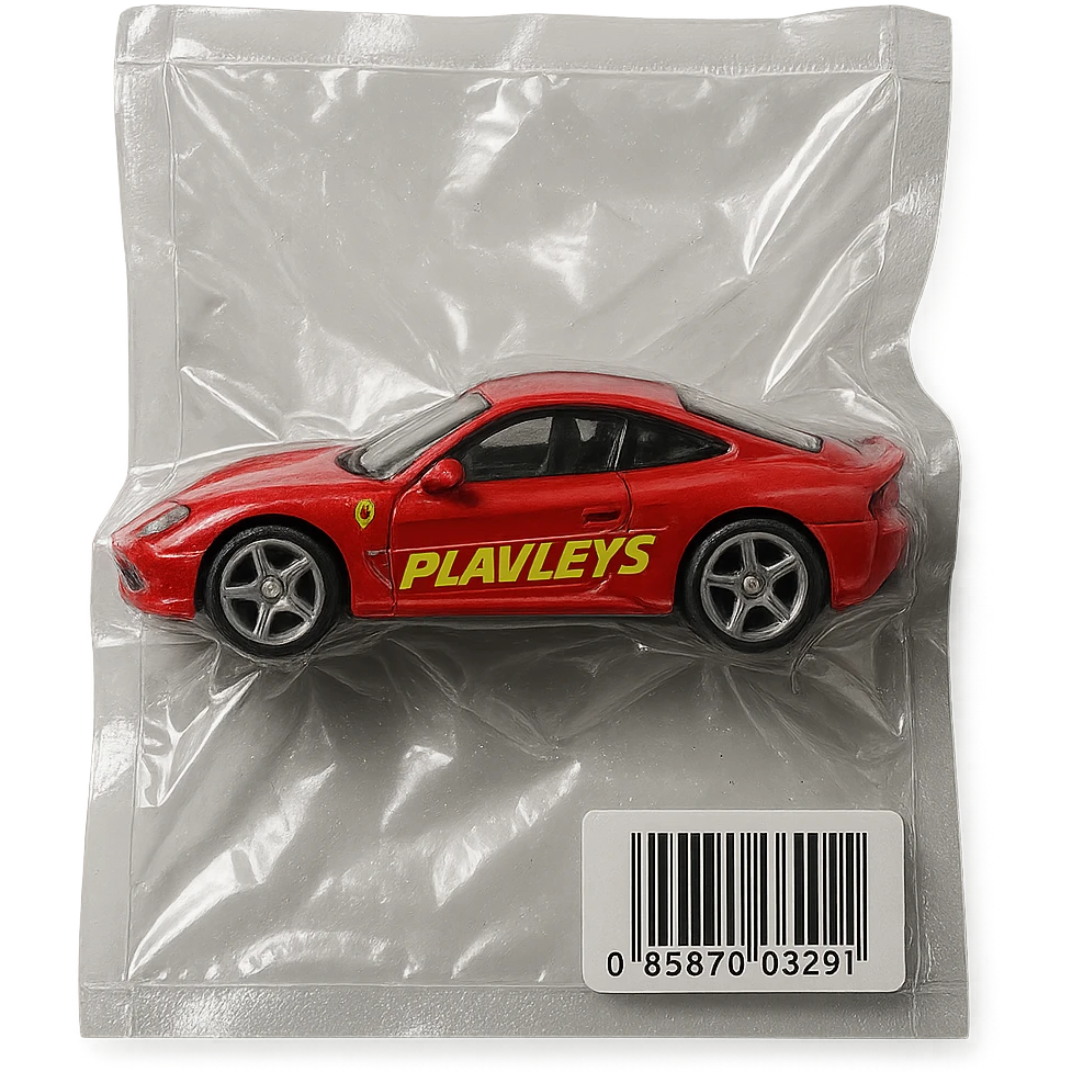 red Ferrari in Hot Wheels packaging, 'PLAVLEYS' written on the side in dynamic racing font, glossy, vacuum-sealed style emoji