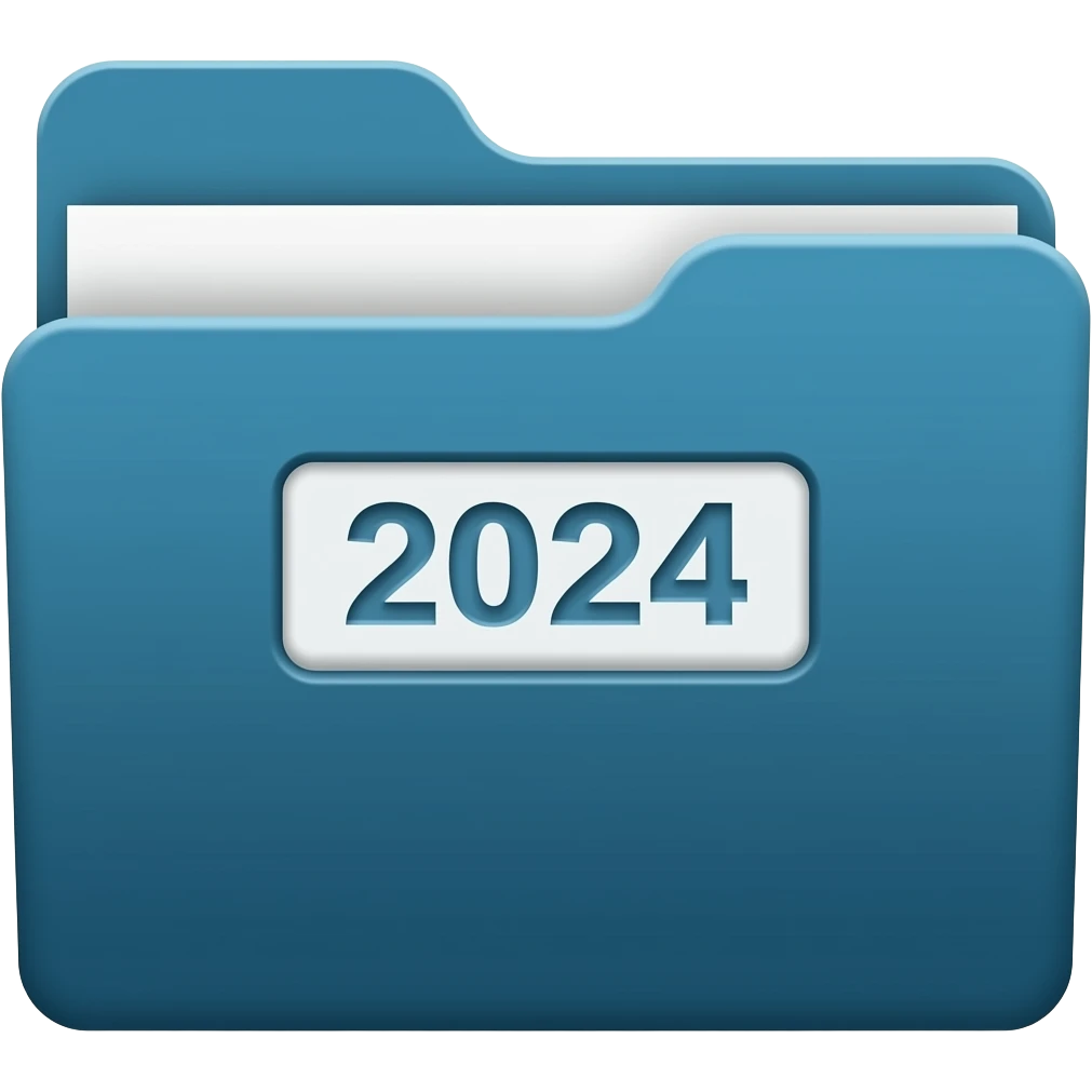 2024: Teal/Dark blue folder inset with white "2024" text. emoji