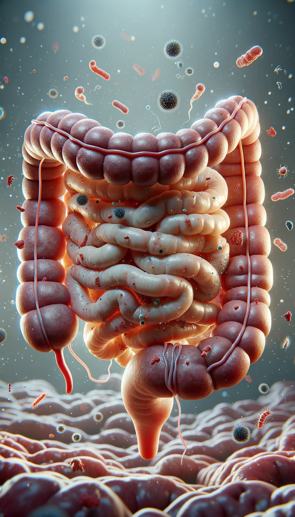 intestino umano realistico con batteri e parassiti che gli fluttuano intorno, iperrealistico 4k emoji