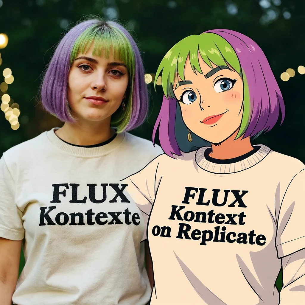 make a image of a girl with a anime version of that girl beside her wearing tshirt with text of just "FLUX Kontext" nothing else emoji