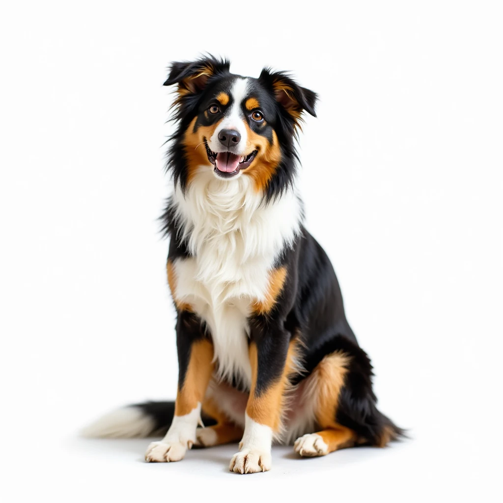 Aussie Shepherd dog, realistic style, friendly expression, fluffy fur, sitting pose, white background emoji