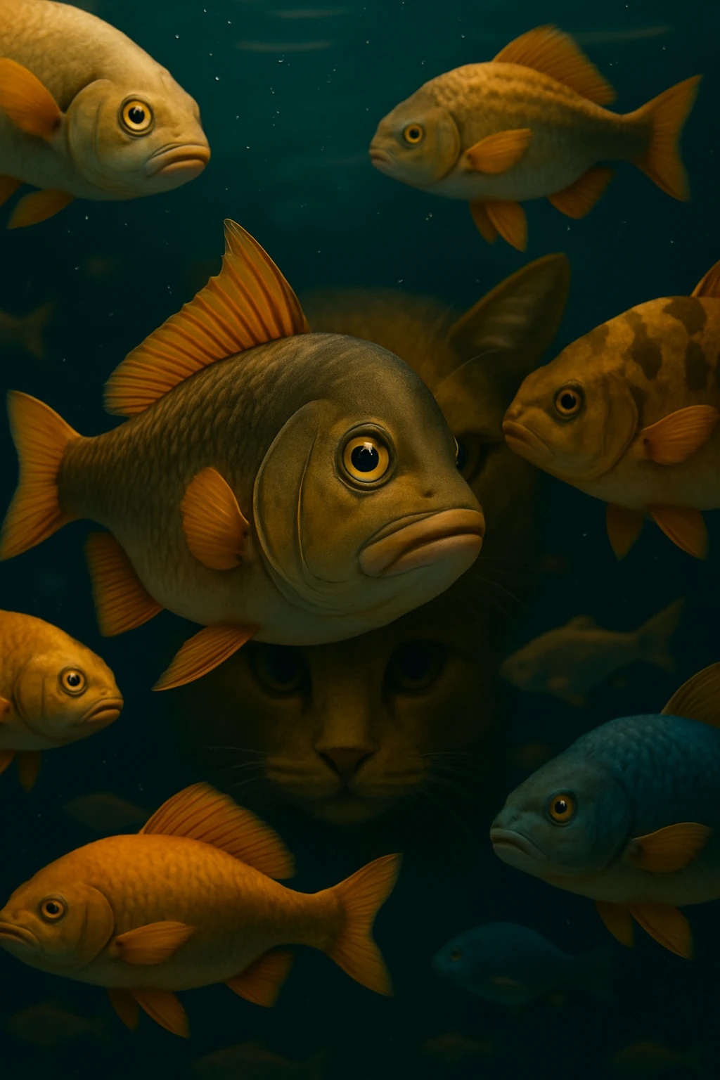 Edit the image to have only one cat hidden behind the fishes, making the scene look more natural and realistic. Keep the fishes and the hidden cat, but remove any extra cats and blend everything smoothly. emoji