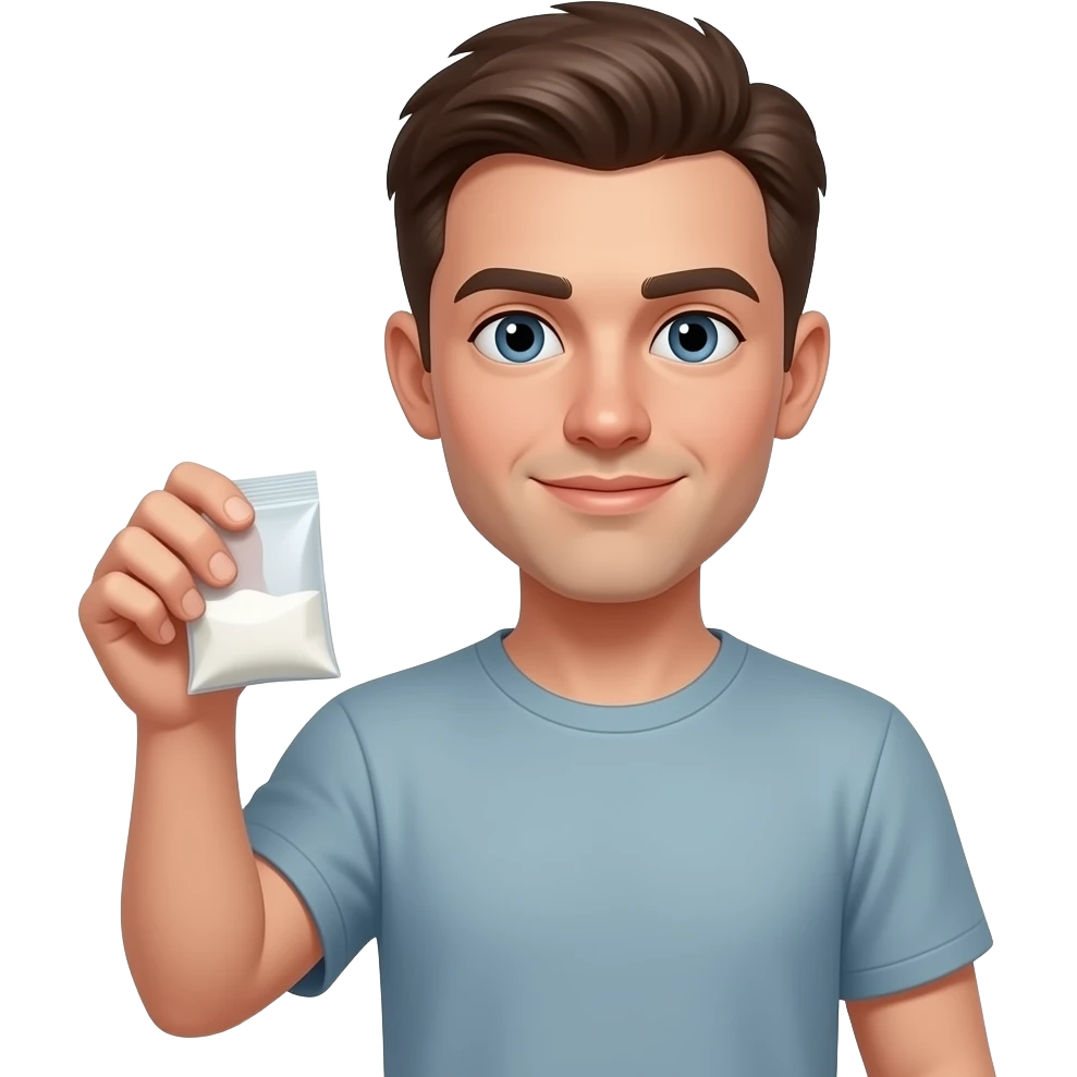 Skinny white guy with short hair and nose has white powder emoji