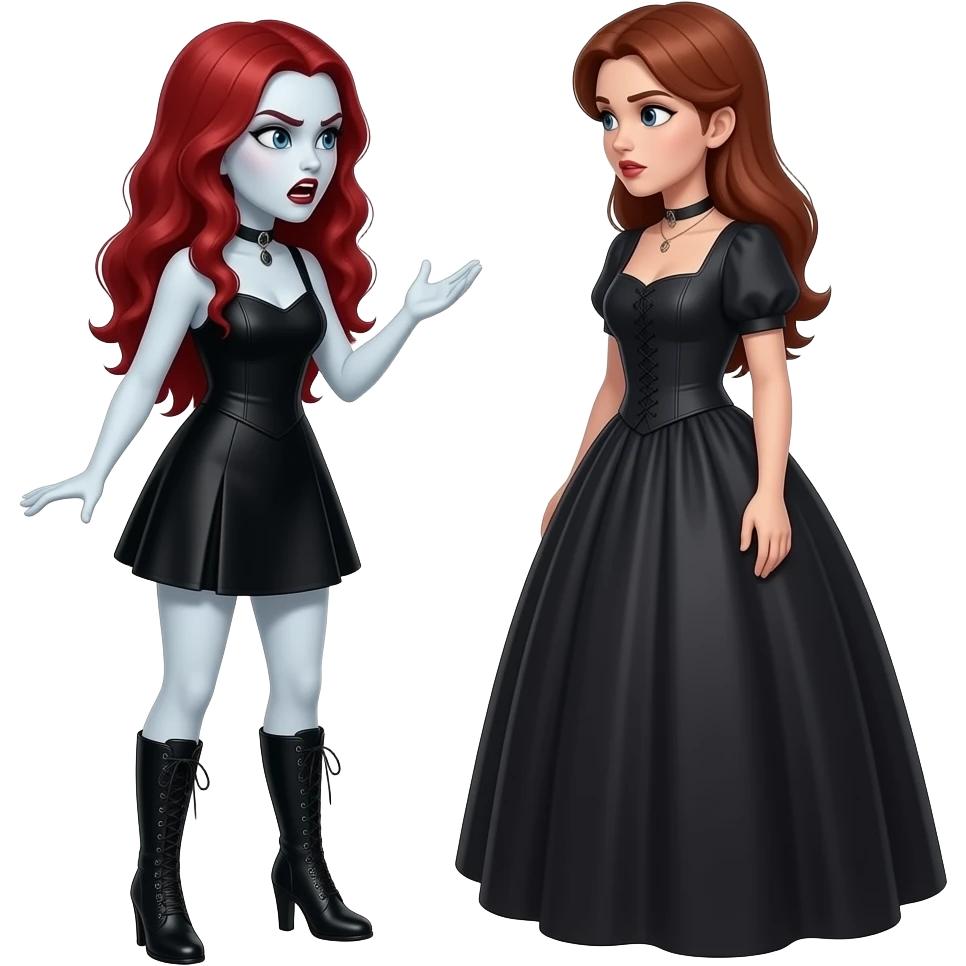 Vampiro femmina adolescente con pelle bianca che indossa un tubino nero e degli stivali lunghi neri con tacco i capelli lunghi ondulati rossi che parla ARRABBIATA con la madre che indossa un vestito stretto in vita e largo sotto si guardano negli occhi emoji