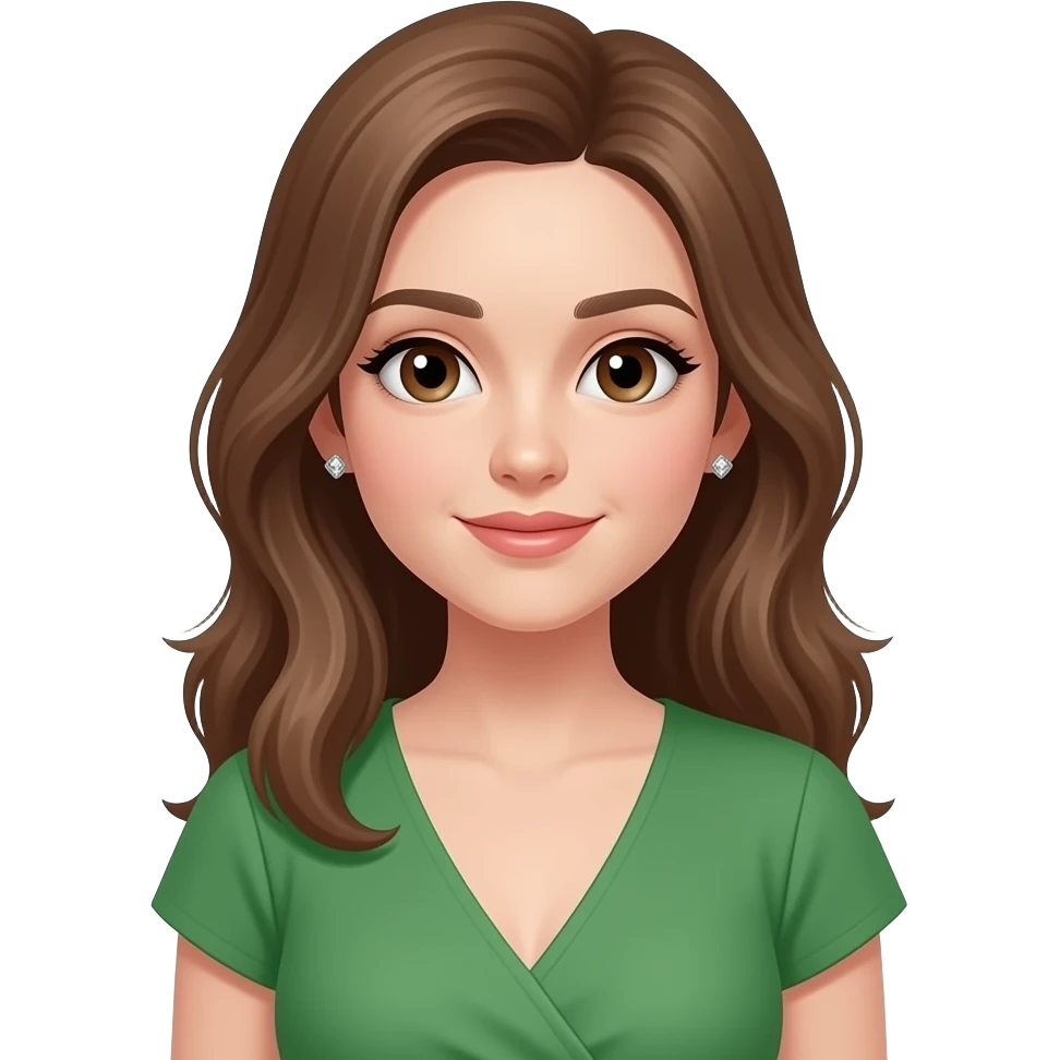 girl like https://www.emojis.com/emoji/emoji-VD96a8gMUDC but with light brown hair, brown eyes, small diamond earrings, v neck dress in green emoji