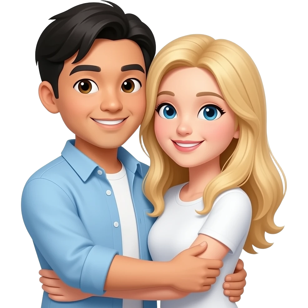 asian men and white woman with blond hair hug emoji
