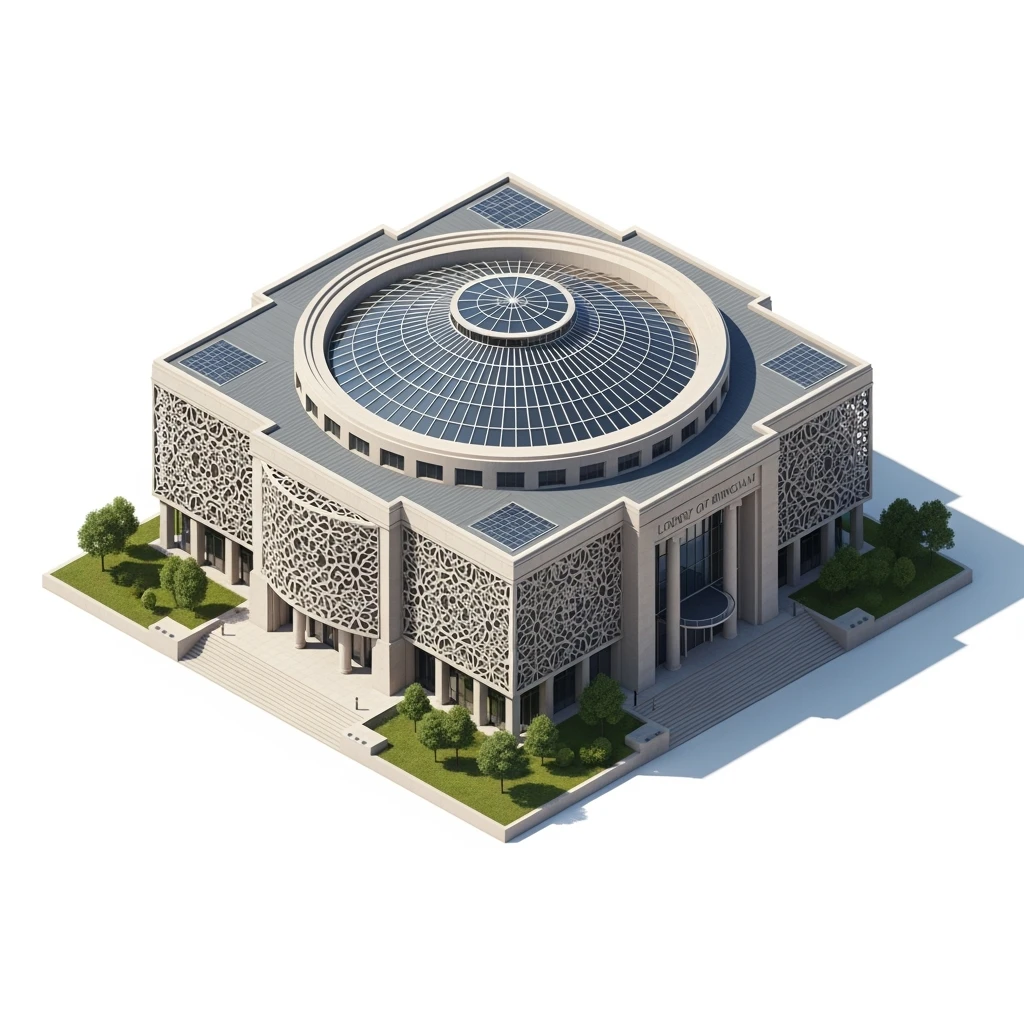 Isometric illustration of photorealistic Birmingham library highly detailed in semi-realistic, 3D miniature effect, transparent background. emoji
