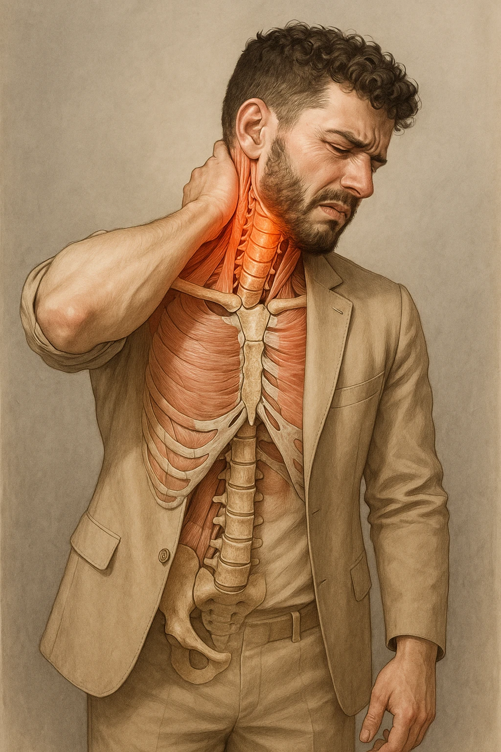 Uomo con dolore per infortunio vista anatomica in piedi con dolori cervicali emoji