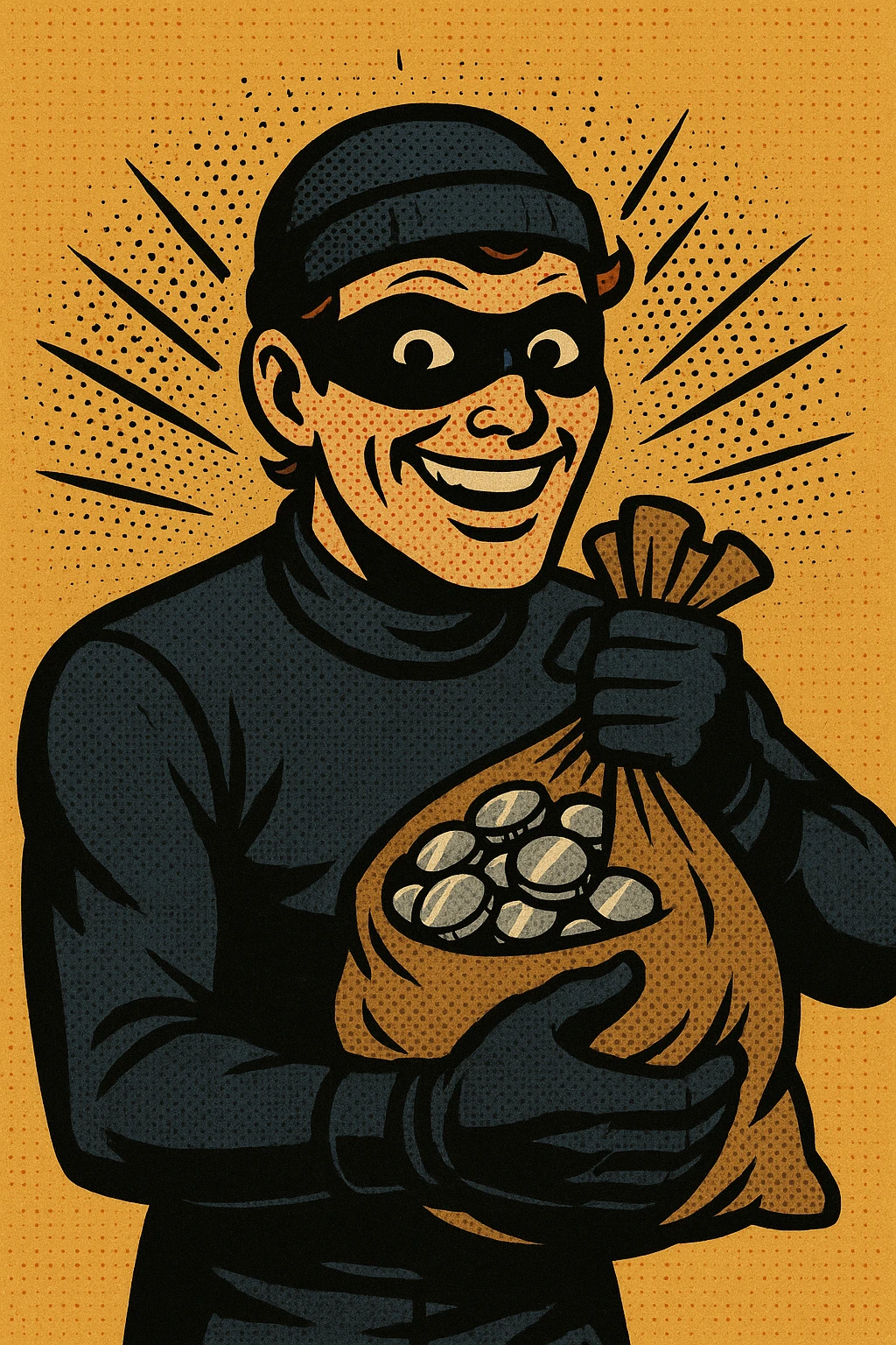 smiling thief holding a bag of silver coins, comic style emoji