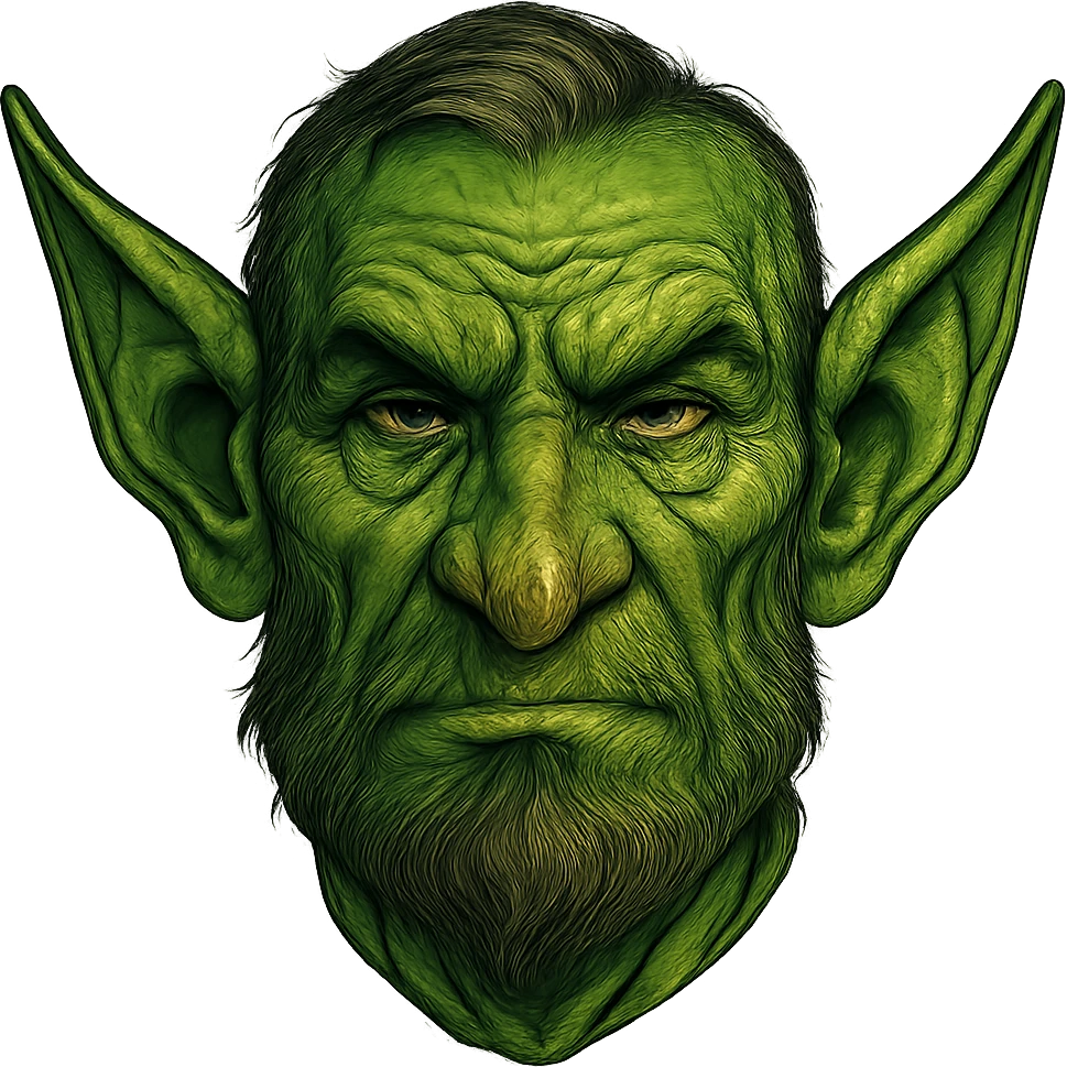 face with green goblin ears, digital illustration emoji