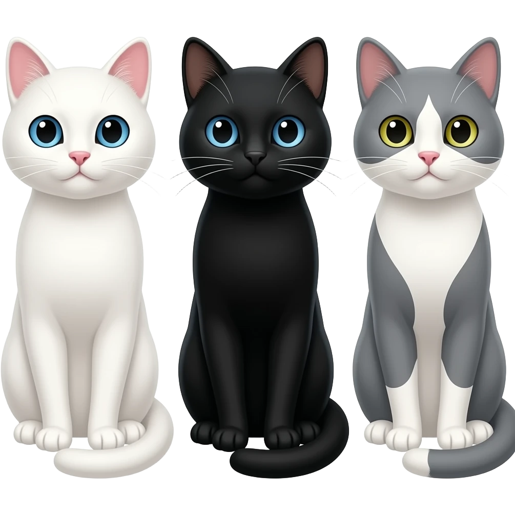 Gato blanco de ojos azules, gata negra y gata ploma con blanco emoji