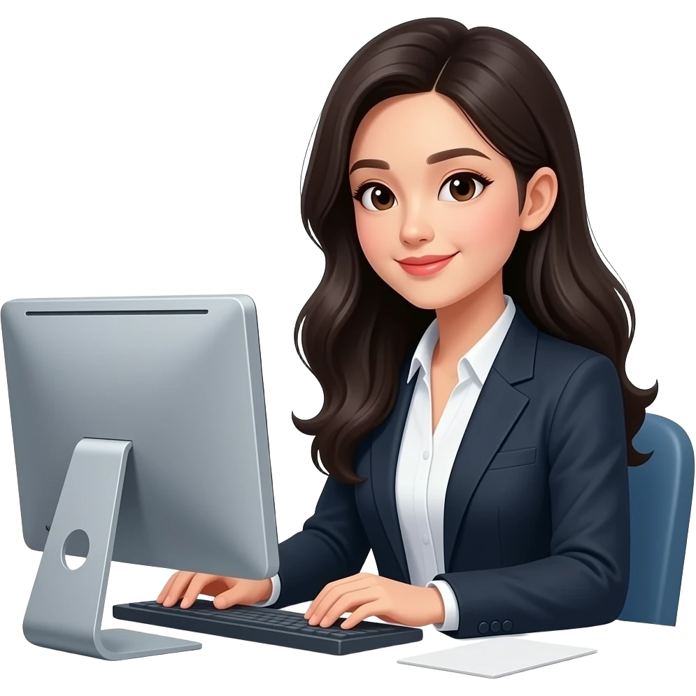 asian career beautiful girl black long wavy hair working by desktop emoji