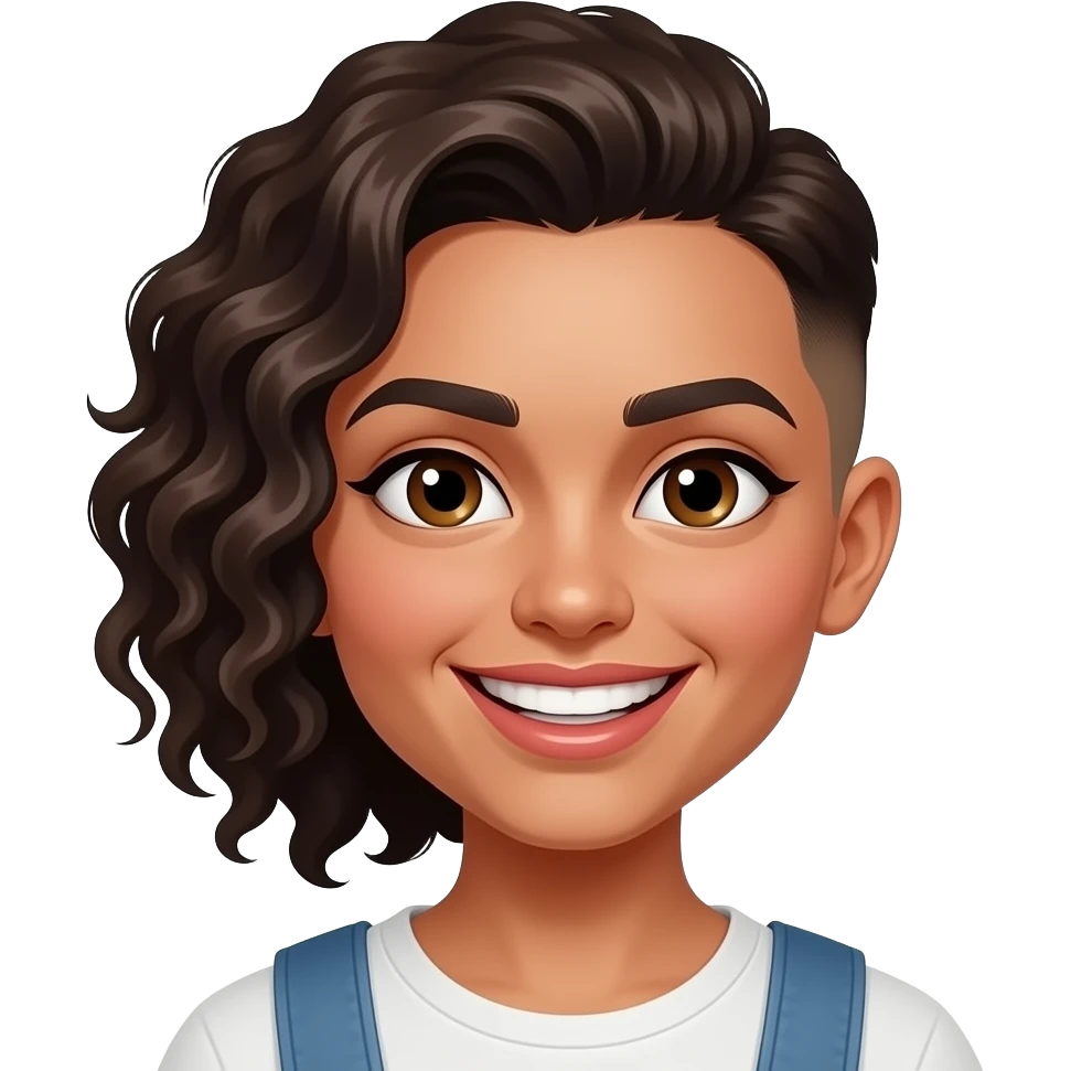 Mexican girl brown eyes with only one side of hair thats curly and the other side she has a buzz cutand make sure that it looks like a girl and a big forehead with lip gloss and a widebig creepy smile BIGGER SMILE emoji