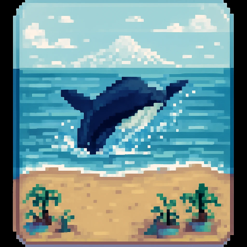A sea in blue pastel colors, pixel art style, add a whale emoji