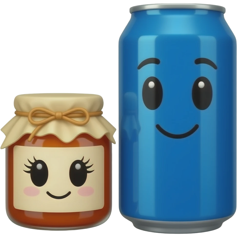 A plain blue soda can with a cute face without eyelashes and a jar of jam with a cute face with eyelashes emoji