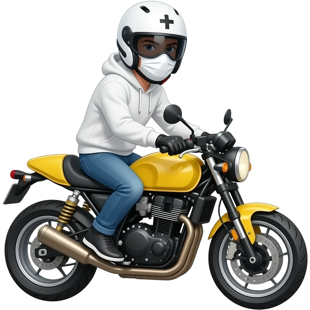 man wearing blue jeans, a white hoodie, black black gloves, a white crosshelmet with a dark eyes shield and a white mask on a yellow cross motorcycle emoji
