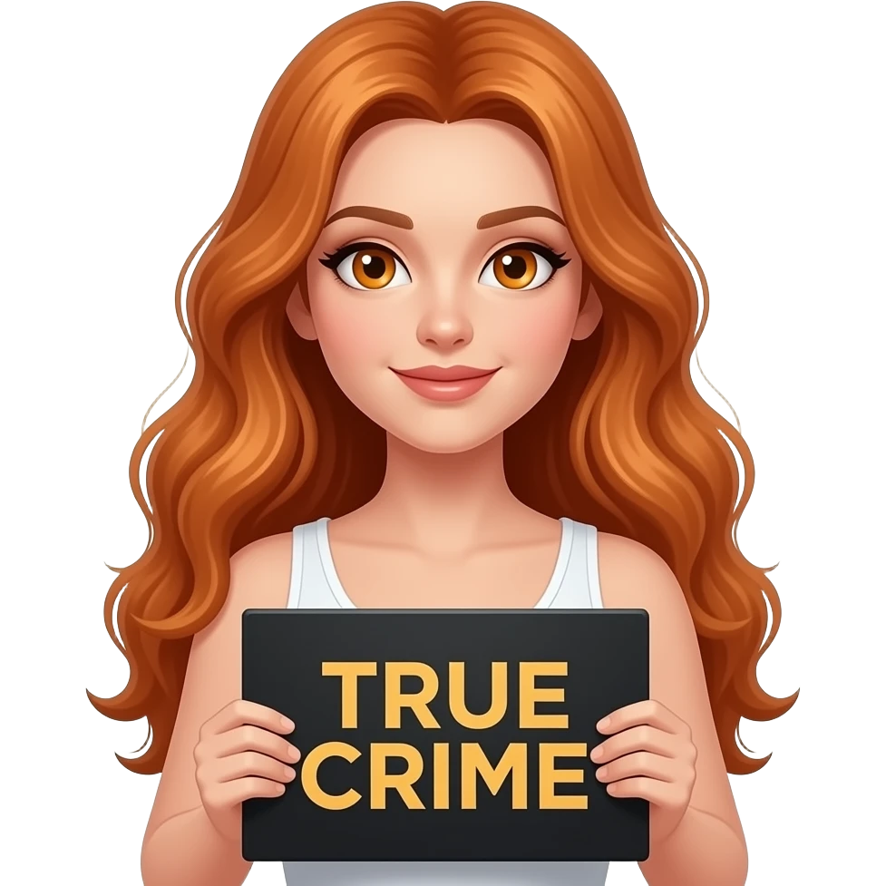 sexy girl with long wavy ginger hair and ginger eyes wearing a white tanktop is holding a black colored sign with TRUE CRIME written on it emoji