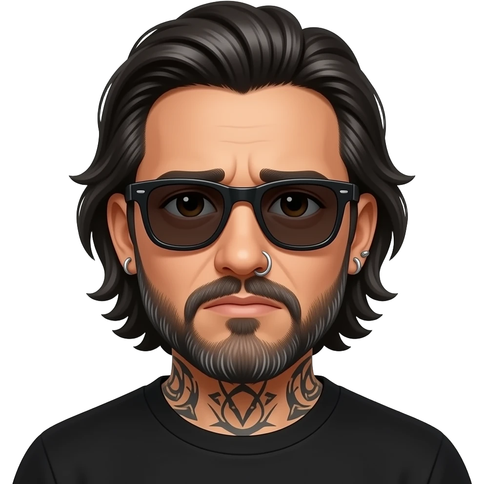 The handsome manly Latino podcast host with medium length hair, a long  slightly graying beard and tattoos with his ears pierced 1time each ear and a nose ring on the right side, dark brown eyes, wearing black, dark sunglasses, sad af emoji