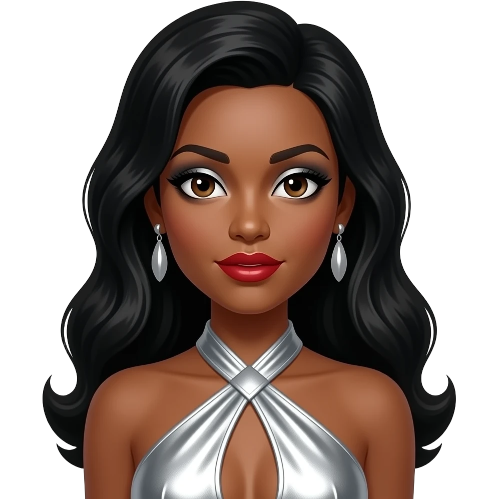 Solange with dark brown eyes, long black 60s beehive hair, silver eyeshadow, red lipstick, silver metallic halter dress, silver earrings emoji